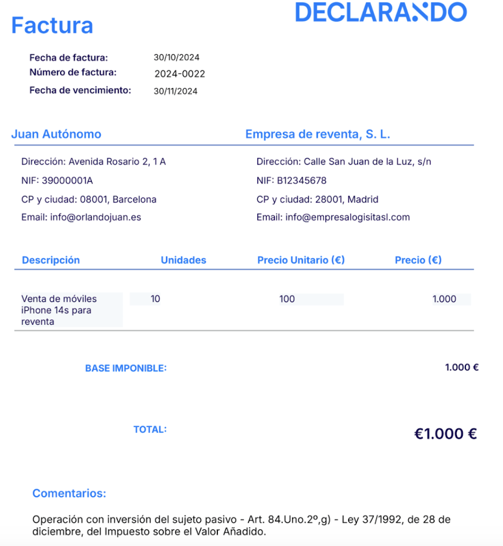 factura con inversión del sujeto pasivo