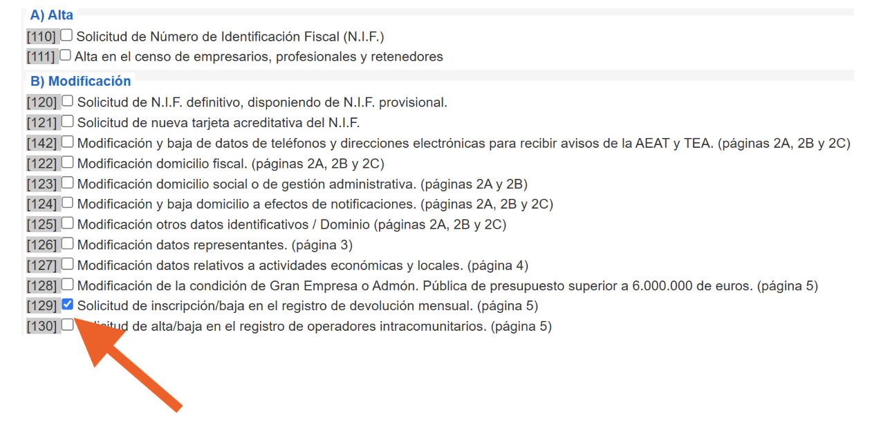 redeme casilla 129 de Solicitud de inscripción:baja en el registro de devolución mensual