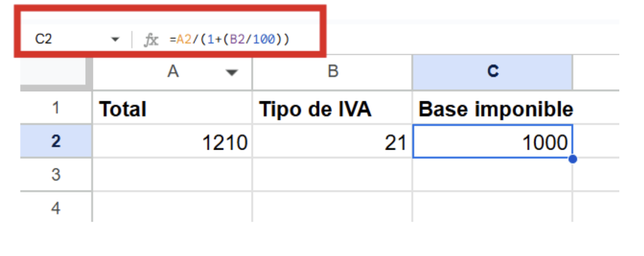 total de factura y tipo de iva en base imponible