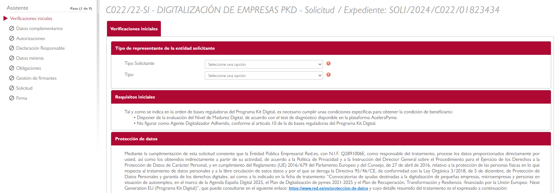 Formulario para solicitar el Kit Digital en Red.es.