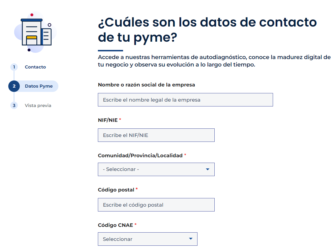 Formulario para rellenar los datos de tu negocio en Acelera Pyme.