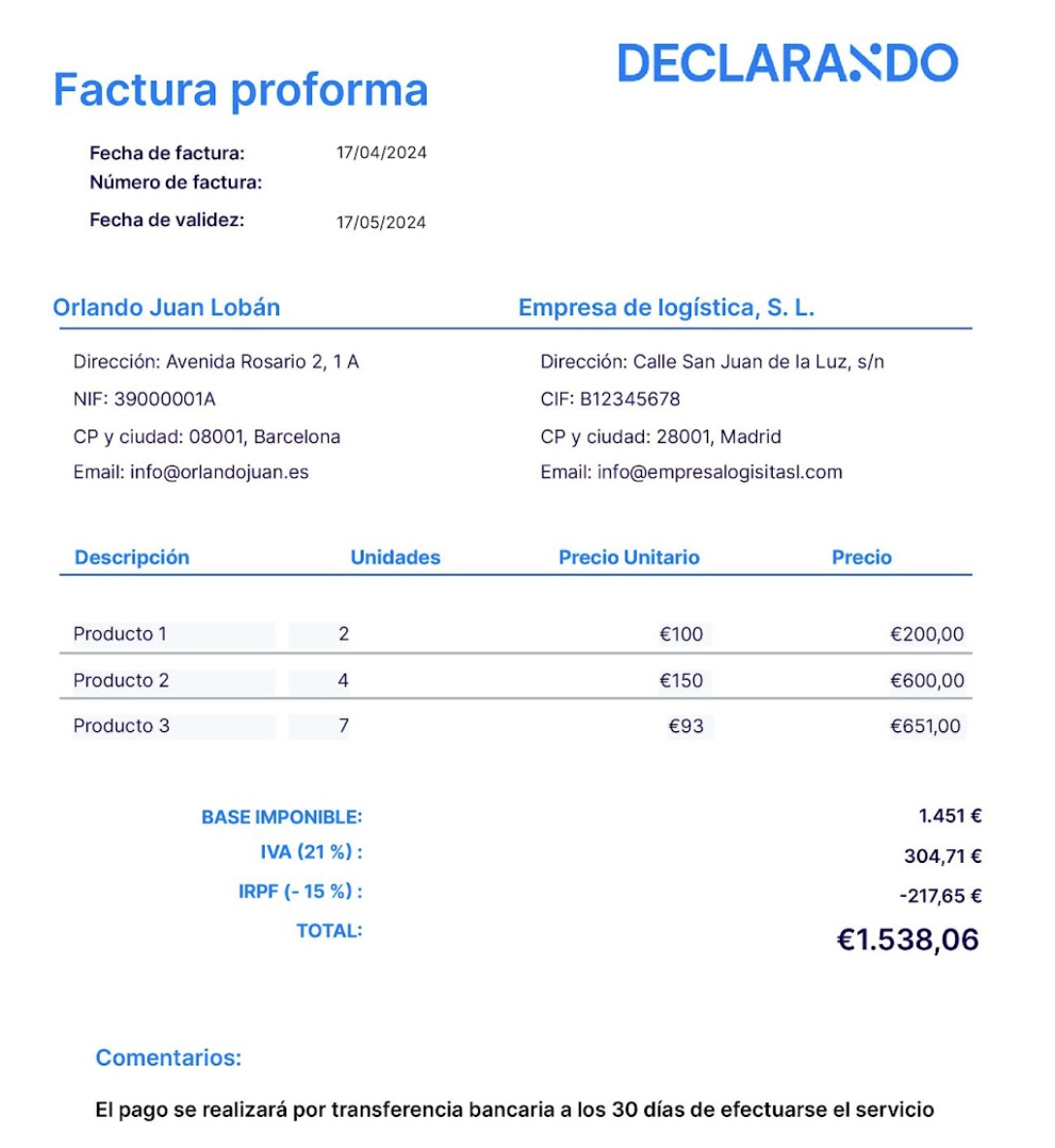 ejemplo de de factura proforma