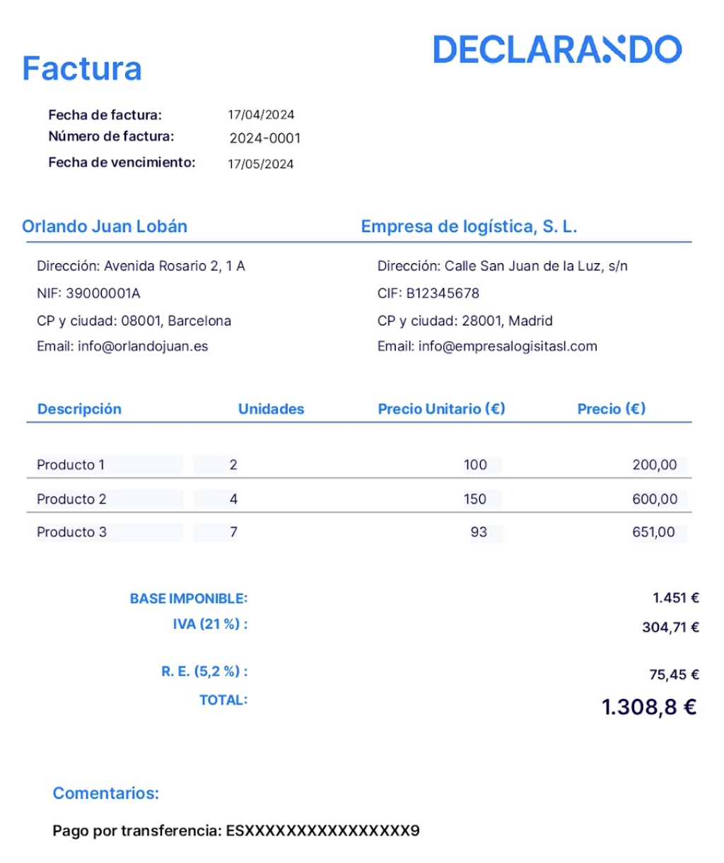 ejemplo de factura con recargo de equivalencia