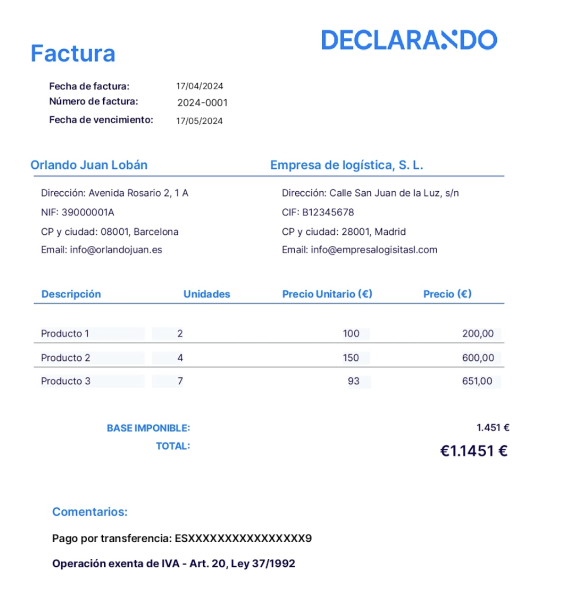 ejemplo de factura exenta de iva