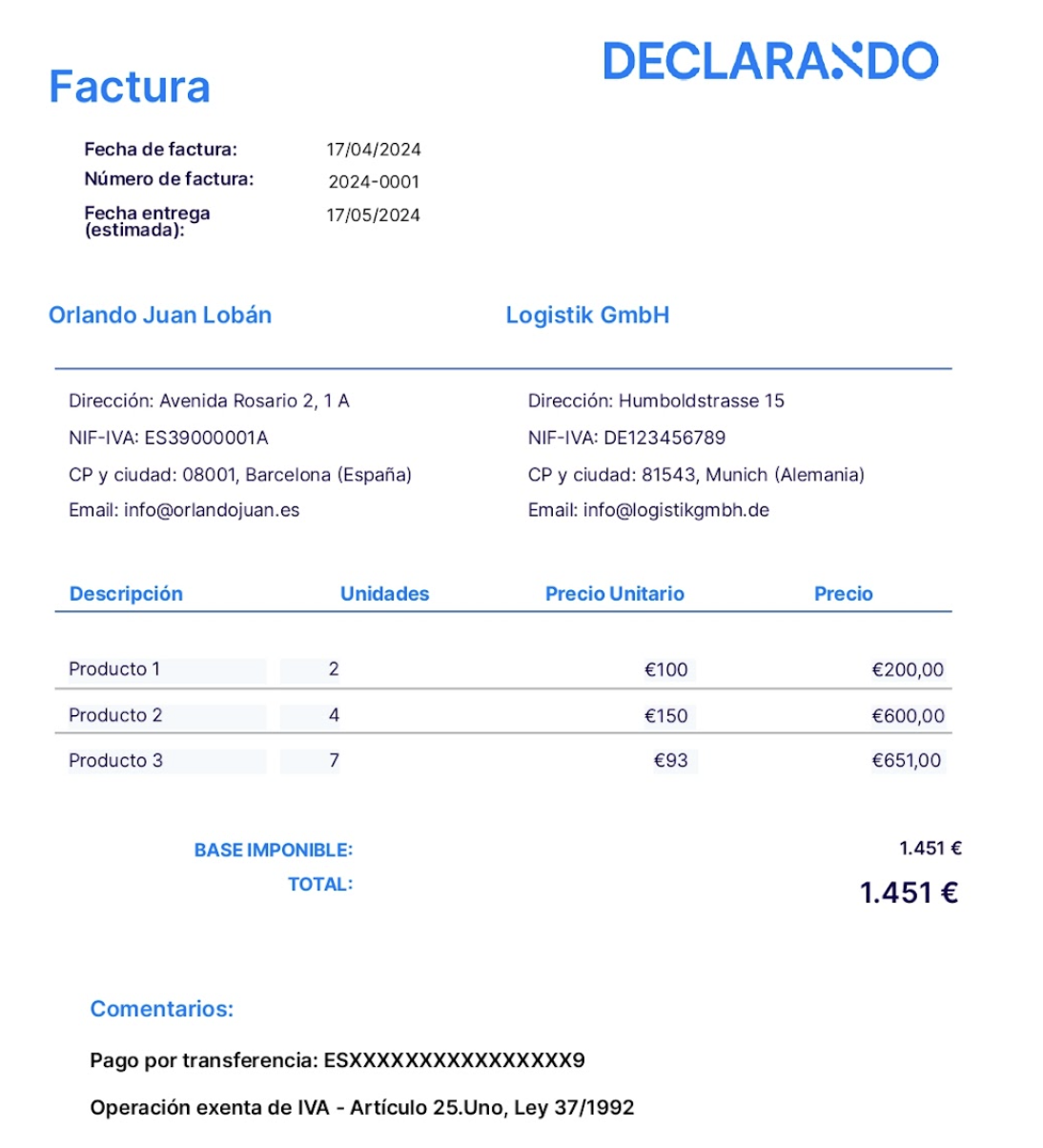 ejemplo de factura intracomunitaria