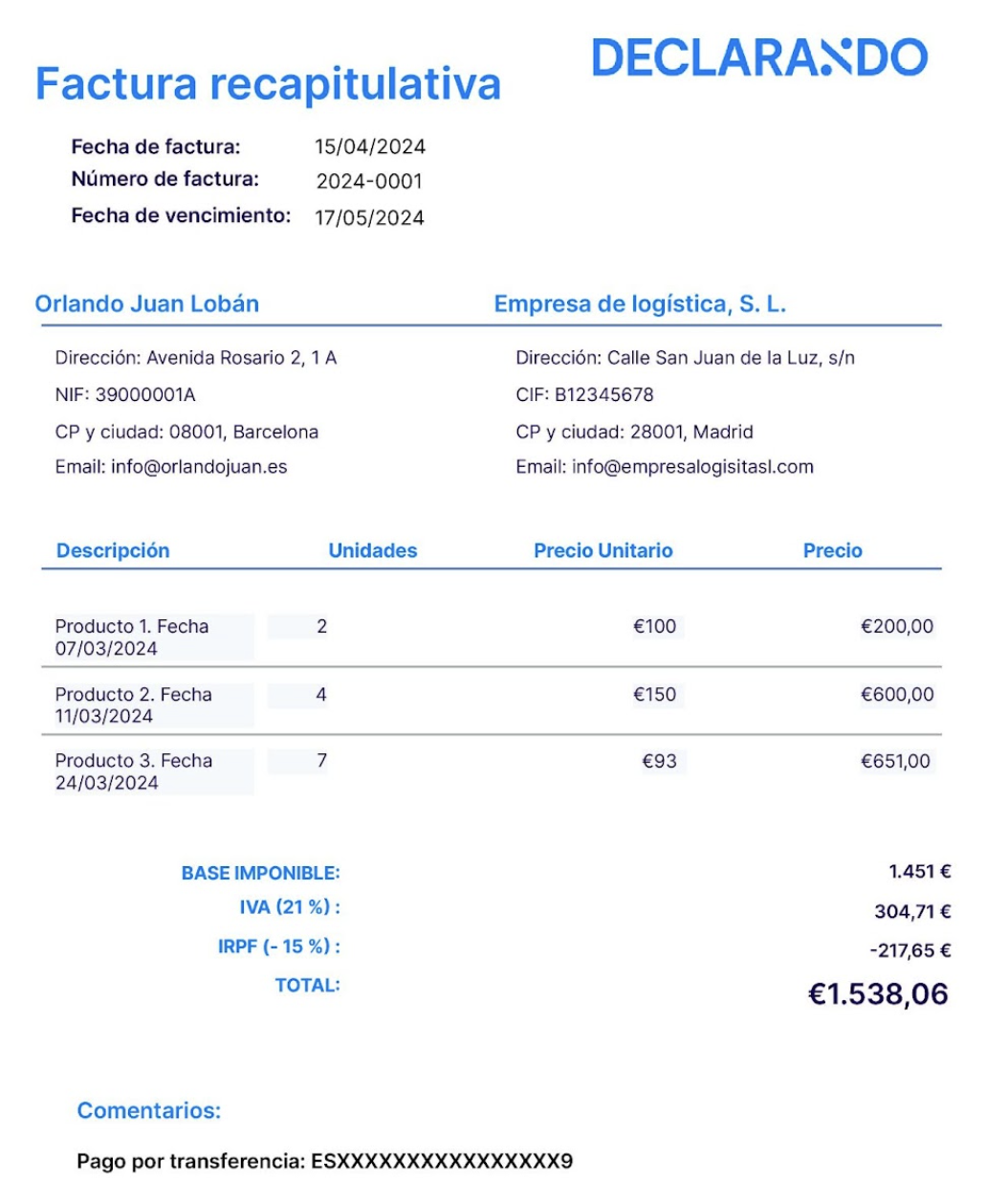 ejemplo de factura recapitulativa