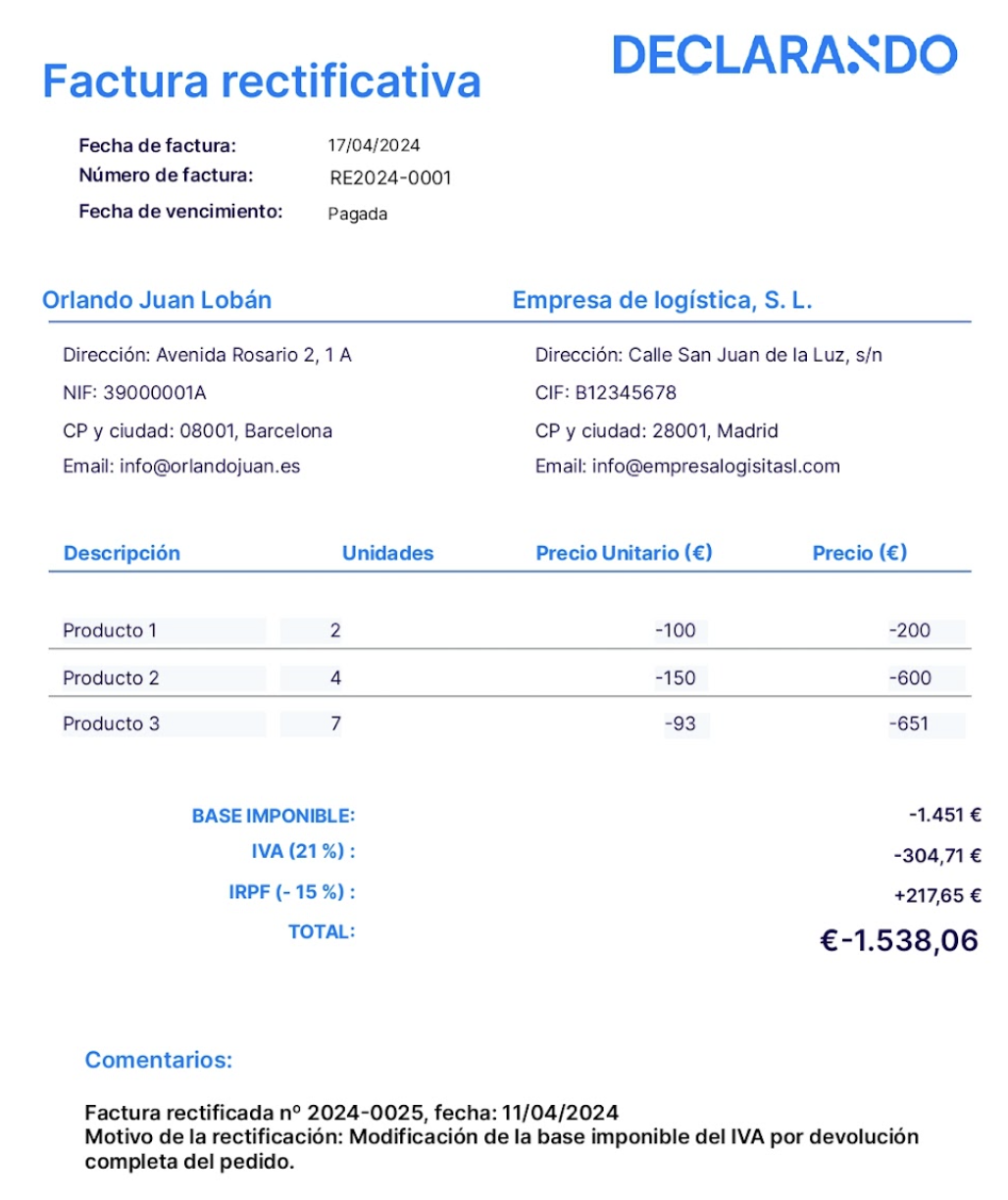 ejemplo de factura rectificativa