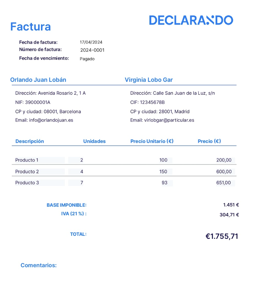 ejemplo factura a un particular