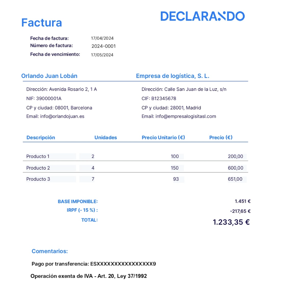 ejemplo factura con irpf