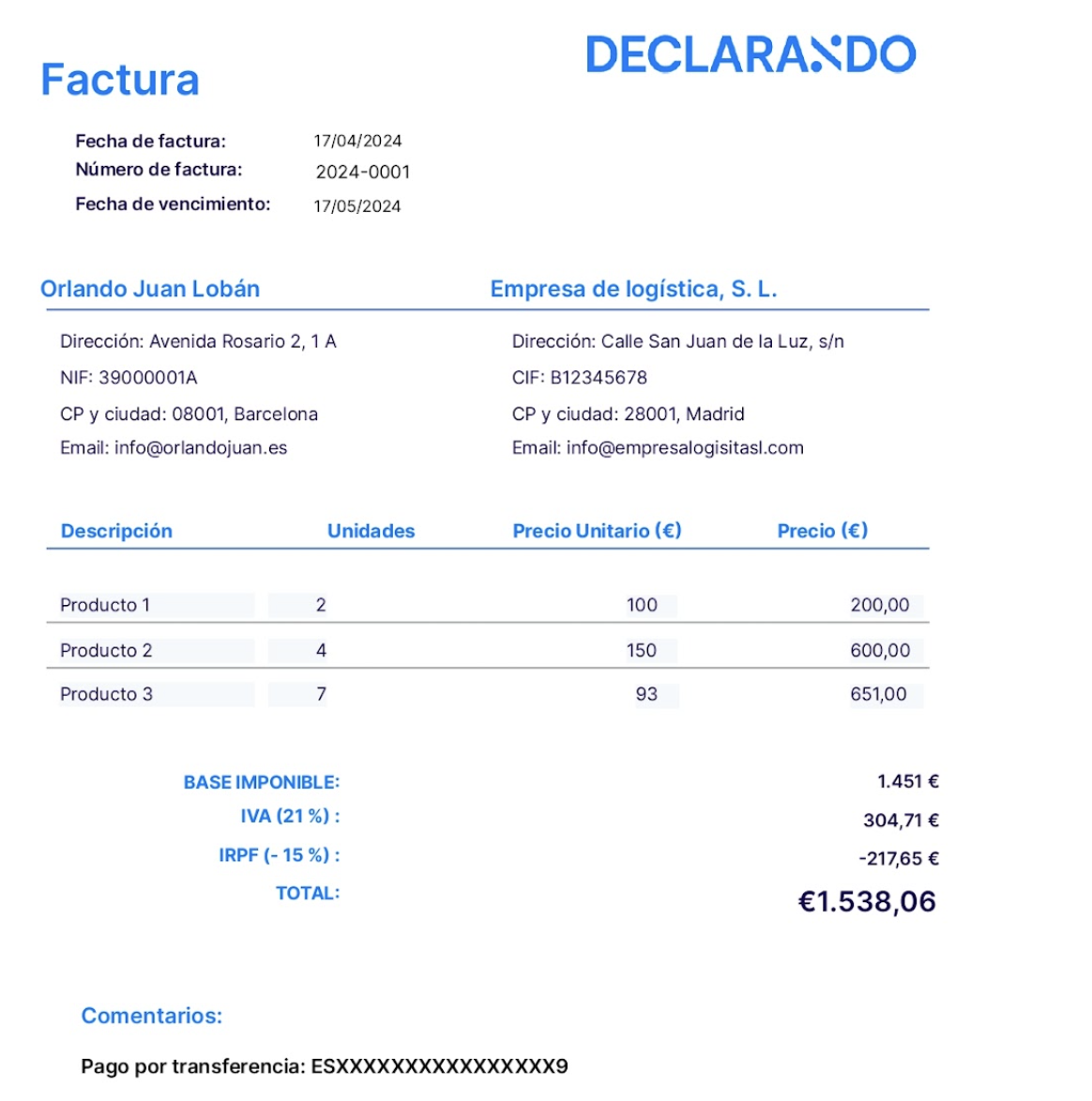 ejemplo factura iva e irpf