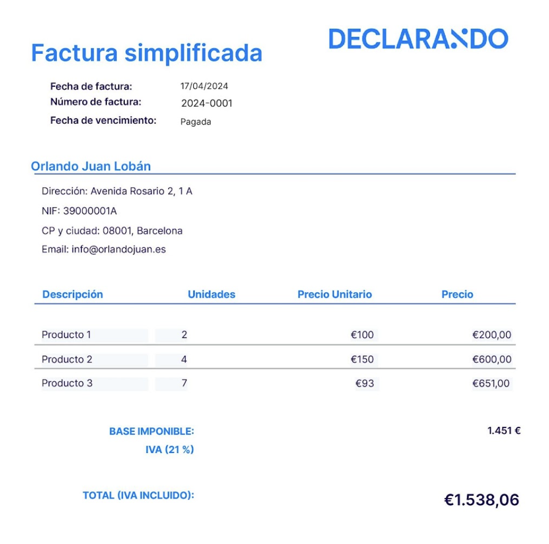 ejemplo factura simplificada