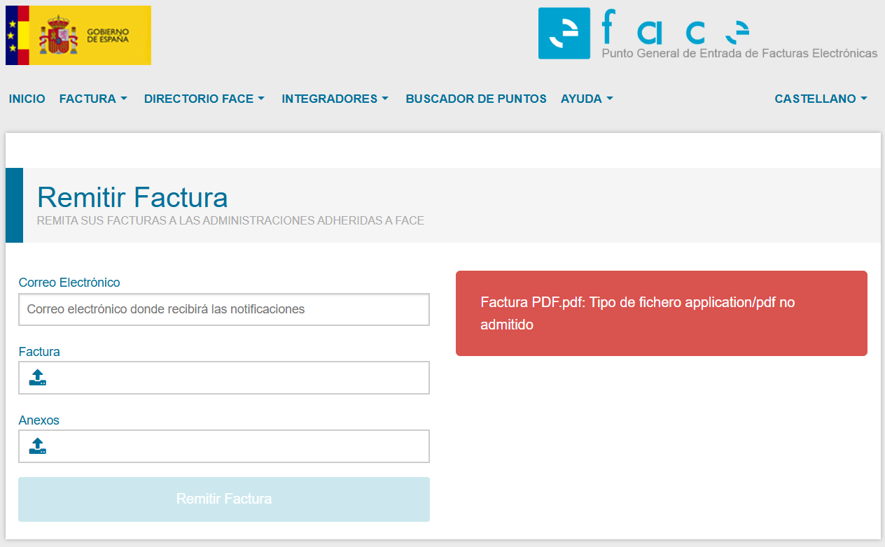 FACe da error cuando intentas subir una factura en PDF (al no tener un formato electrónico válido)