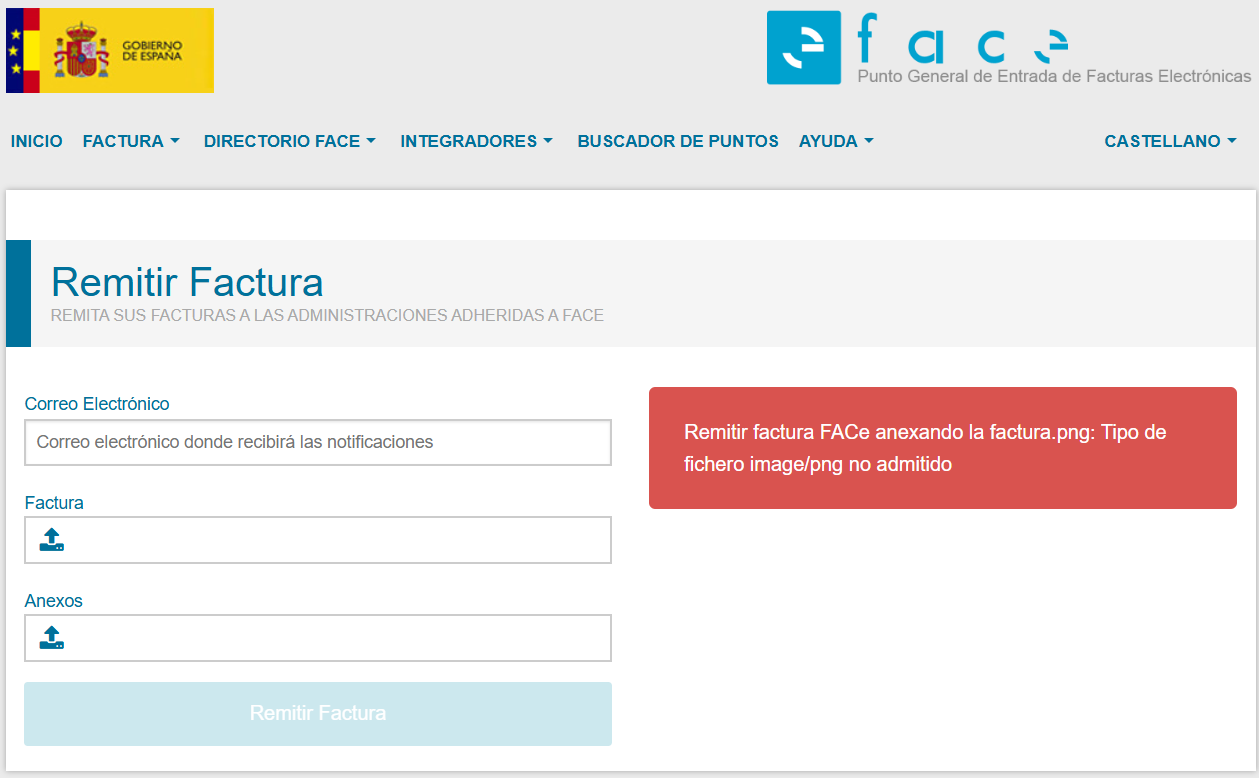 Al intentar subir una factura electróncia en formato inválido (como PNG), FACe te dará error.