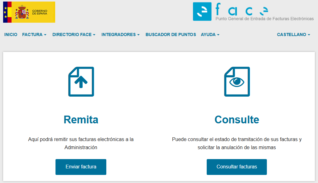 Interfaz de la plataforma FACe para enviar facturas electrónicas a la Administración.