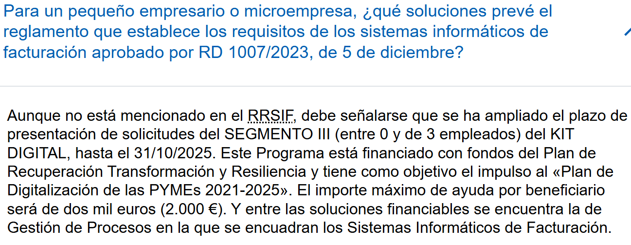 Hacienda recomienda en su web usar el Kit Digital para cumplir con Verifactu.