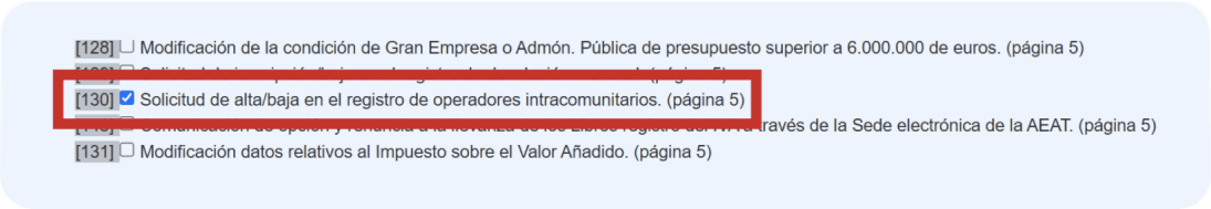 Rellenar el modelo 036, detalle de la casilla 130 para el alta en el roi o registro de operadores intracomunitarios