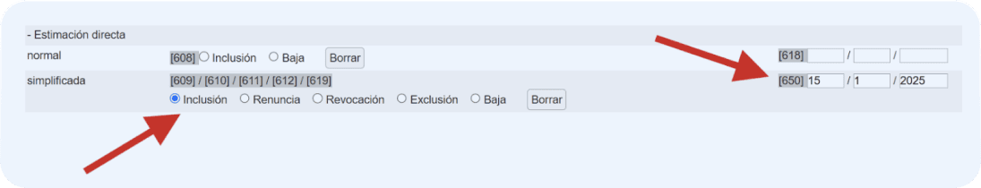 Cómo rellenar el modelo 036: casillas 609 y 650, método de estimación directa