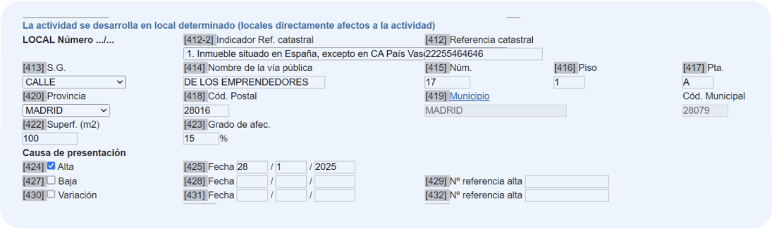 Detalle de cómo rellenar el modelo 036, locales en los que se desarrolla la actividad