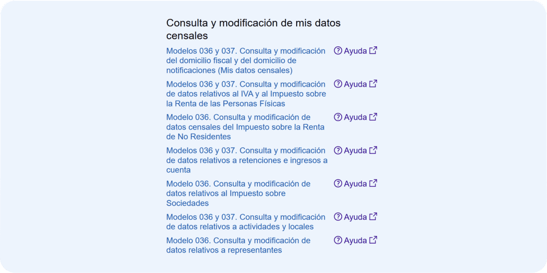 Detalle de la pantalla del modelo 036 para modificar los datos censales