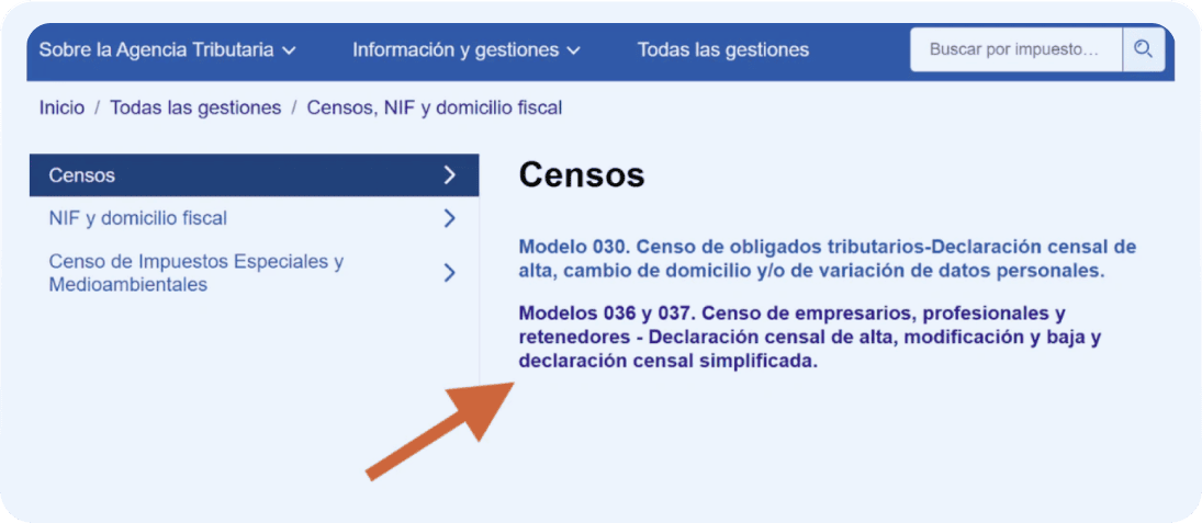 Detalle de presentación del modelo 036, paso 2: elegir censos