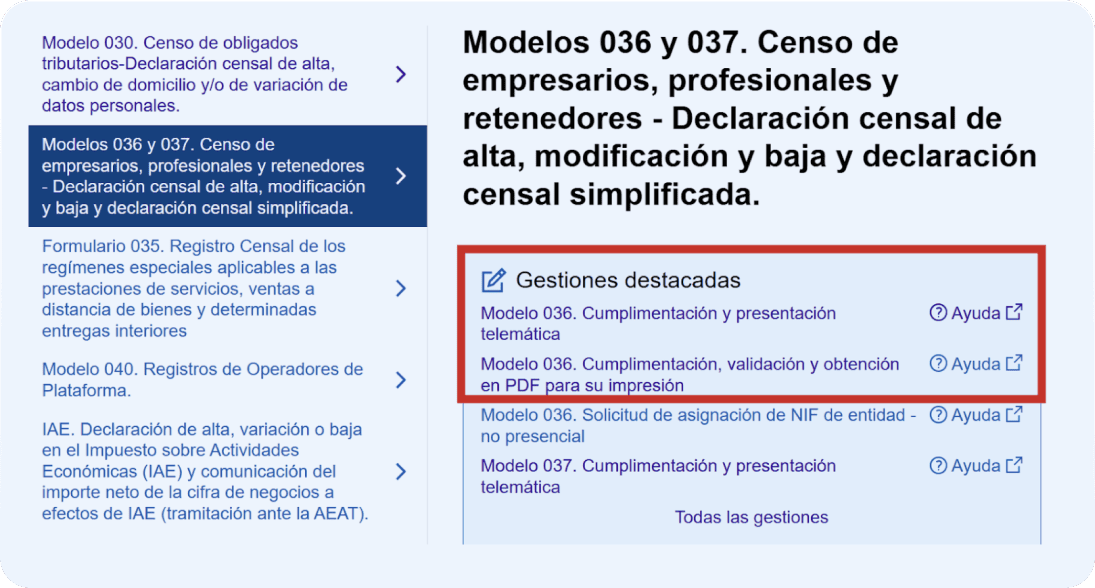 Detalle de cómo presentar el modelo 036, paso 3: elegir via telemática o pdf