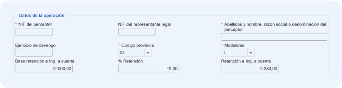 Pantalla de Datos de operación del modelo 180 con los campos obligatorios completados: datos fiscales del propietario, importe anual del alquiler antes de impuestos y el importe anual de las retenciones.