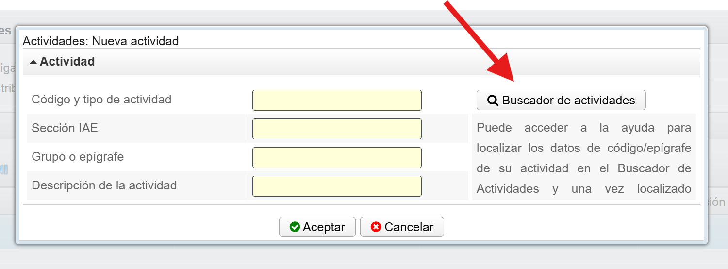 Selecciona el buscador de actividades de IAE que aparece en el modelo 036 Censos WEB.