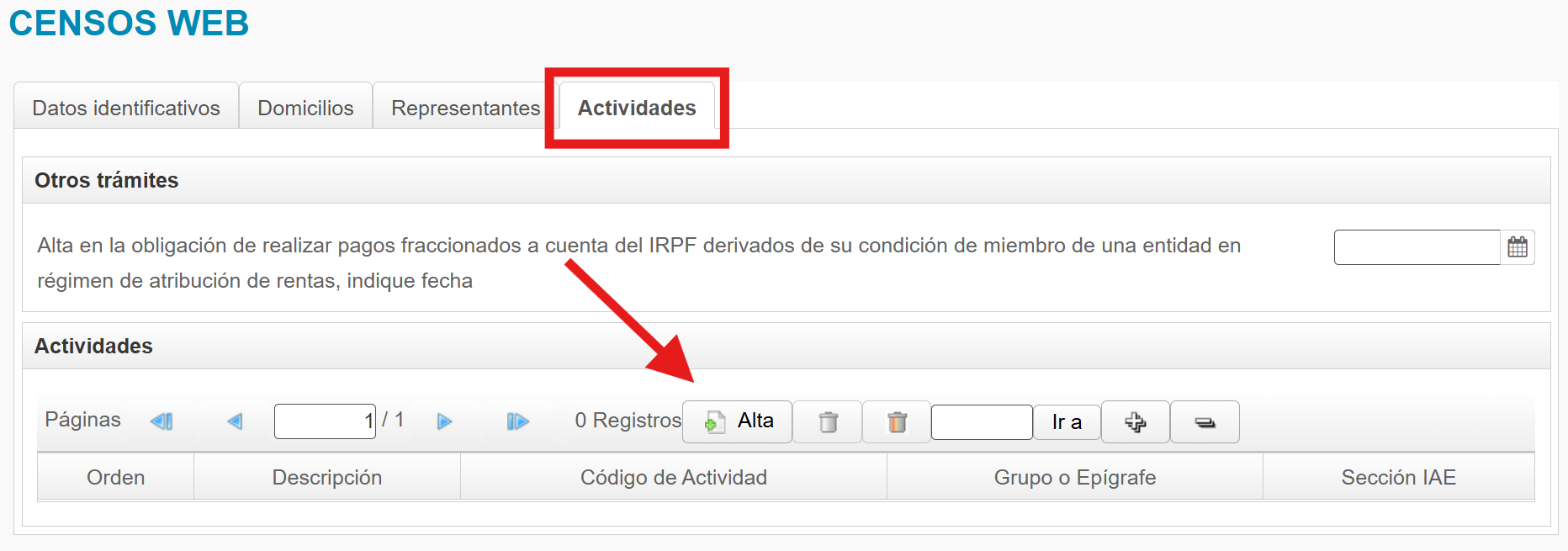 Apartado de alta en el IAE de Hacienda del modelo 036 Censos WEB.